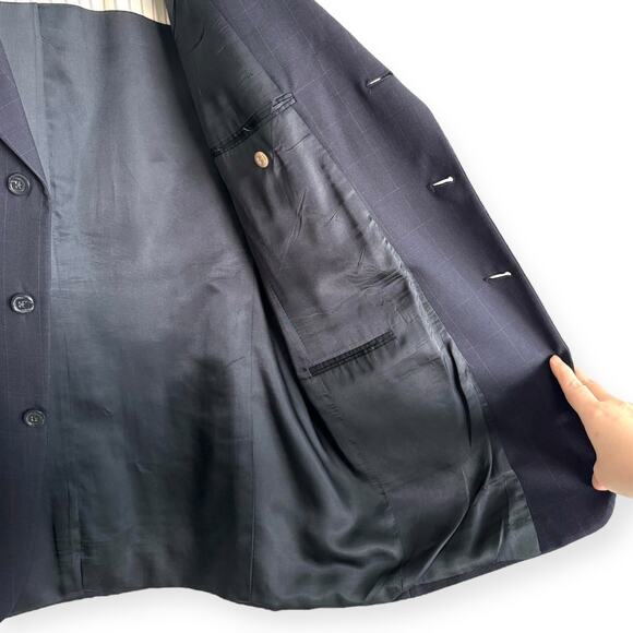 Tommy Hilfiger 100% Wool Navy Blue Windowpane Plaid Three Button Blazer Mens 42R - Picture 9 of 12